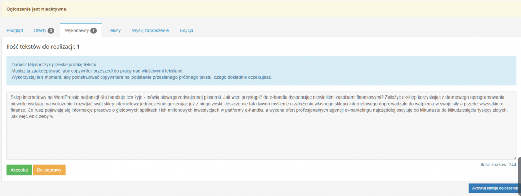 Ogłoszenie Artykuł o WordPress GoodContent.pl